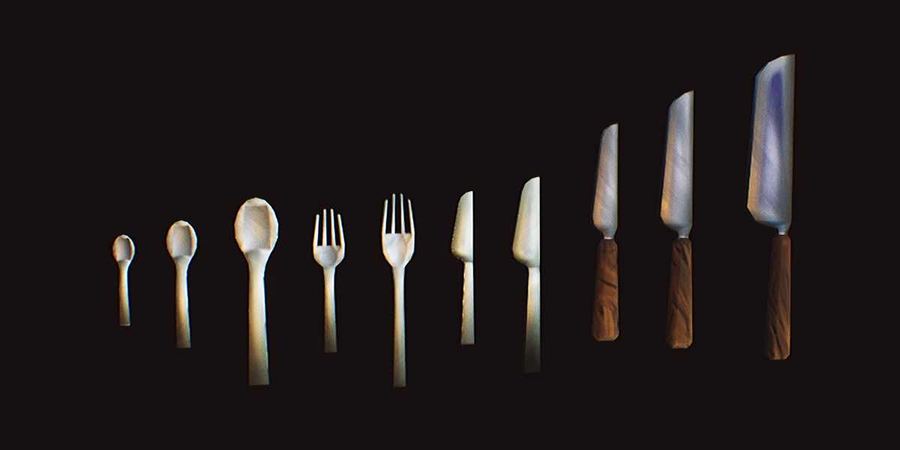 Spoons, forks and knives laid out in a row