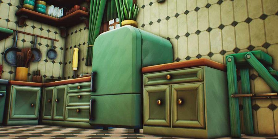 Fridge and cabinets along the kitchen wall