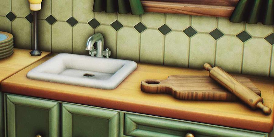 Sink, tap, cutting board and rolling pin
