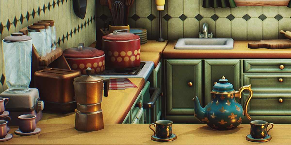 Kitchen counter with a moka pot, teapot and cookware