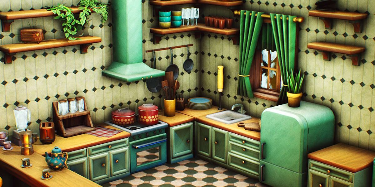 The finished kitchen scene, with green cabinets, a checkered floor and a retro refrigerator